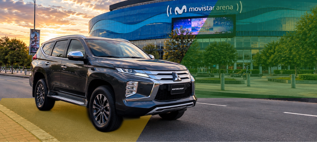 Mitsubishi Montero Sport blindada de Veblinco frente a Movistar Arena en Bogotá, Colombia.